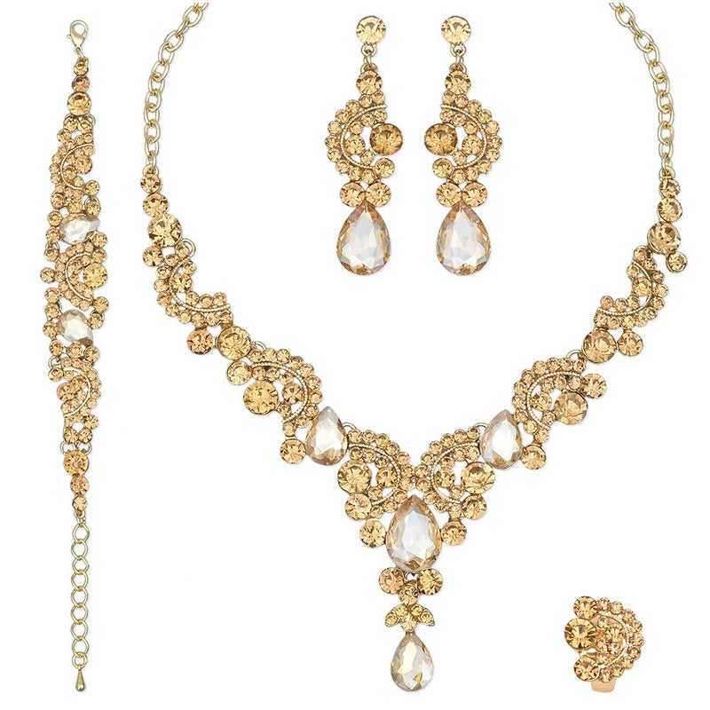 CSY 4 Pcs/Sets Elegant Crystal Necklace Earrings Bracelet Ring Bridal Wedding Costume Jewelry Sets for Brides Women Gifts (gold plated-champagne) - Image 1